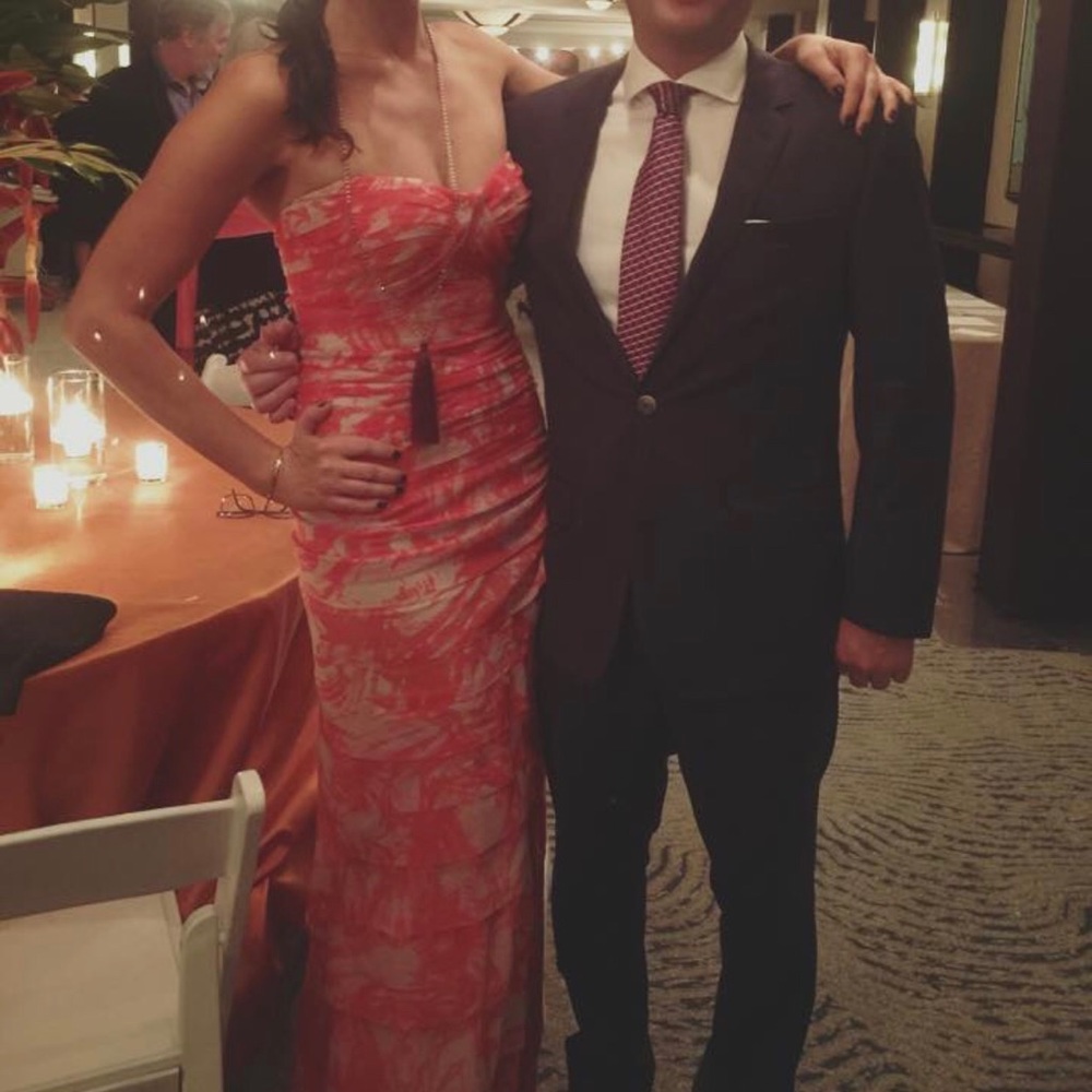 BCBG strapless gorgeous coral and nude gown